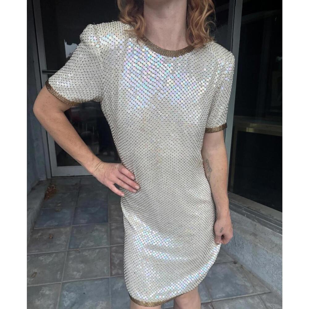 VTG Night Vogue Metallic Cream Silk Sequin & Gold Beaded Evening Sheath Dress